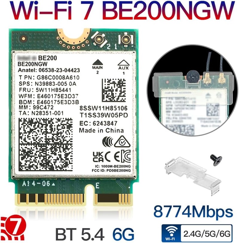 REKONG بطاقة WiFi 7 BE200 M.2 مفتاح E ثلاثية النطاق 6GHz/5GHz/2.4GHz تصل إلى 5.8Gbps متوافقة مع BT 5.4 مع أجهزة توجيه WiFi 7/6E/6/5 لنظام Windows 10/11 (غير مدعوم على لوحات أم AMD) - Image 2